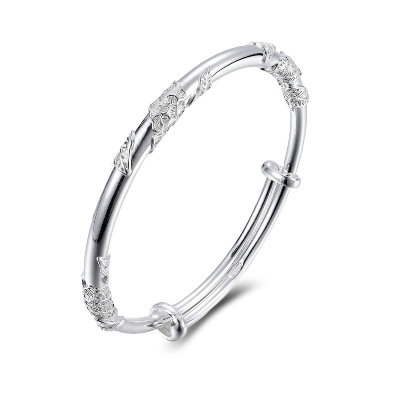 Flower Pattern Solid Push-pull Silver Bracelet for Women