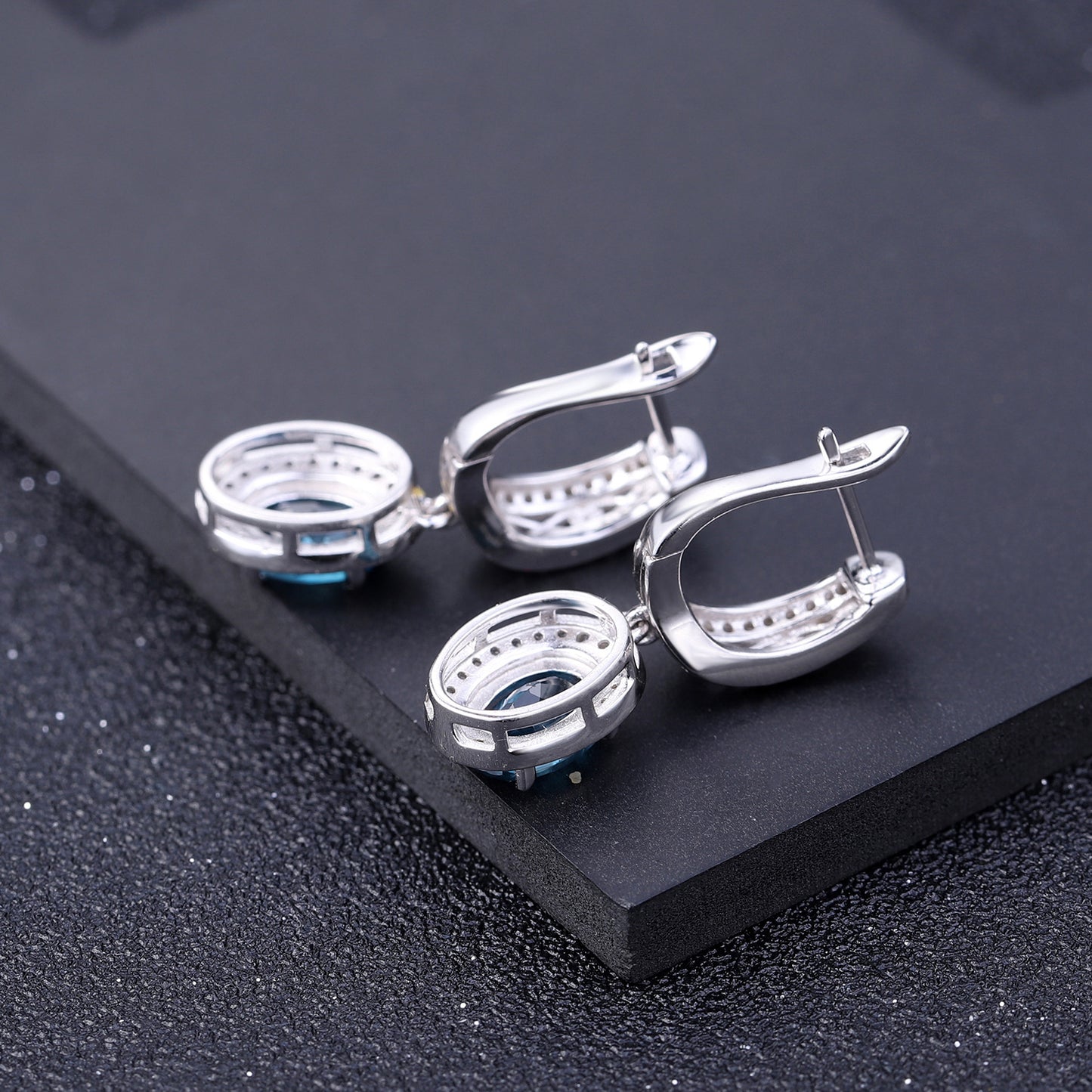 European Inlaid Natural Topaz Soleste Halo Oval Shape Silver Drop Earrings for Women