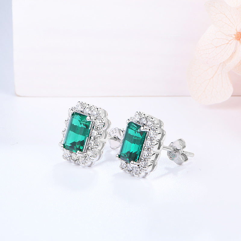 Lab-Created Emerald  Vintage Rectangle Silver Studs Earrings for Women