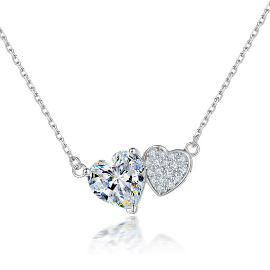 Zircon Double Heart Pendant Silver Necklace for Women