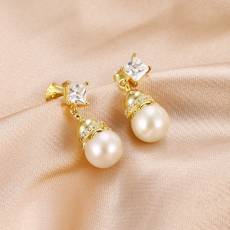 Freshwater Pearl Gourd with Princess Cut Zircon Silver Drop Earrings for Women