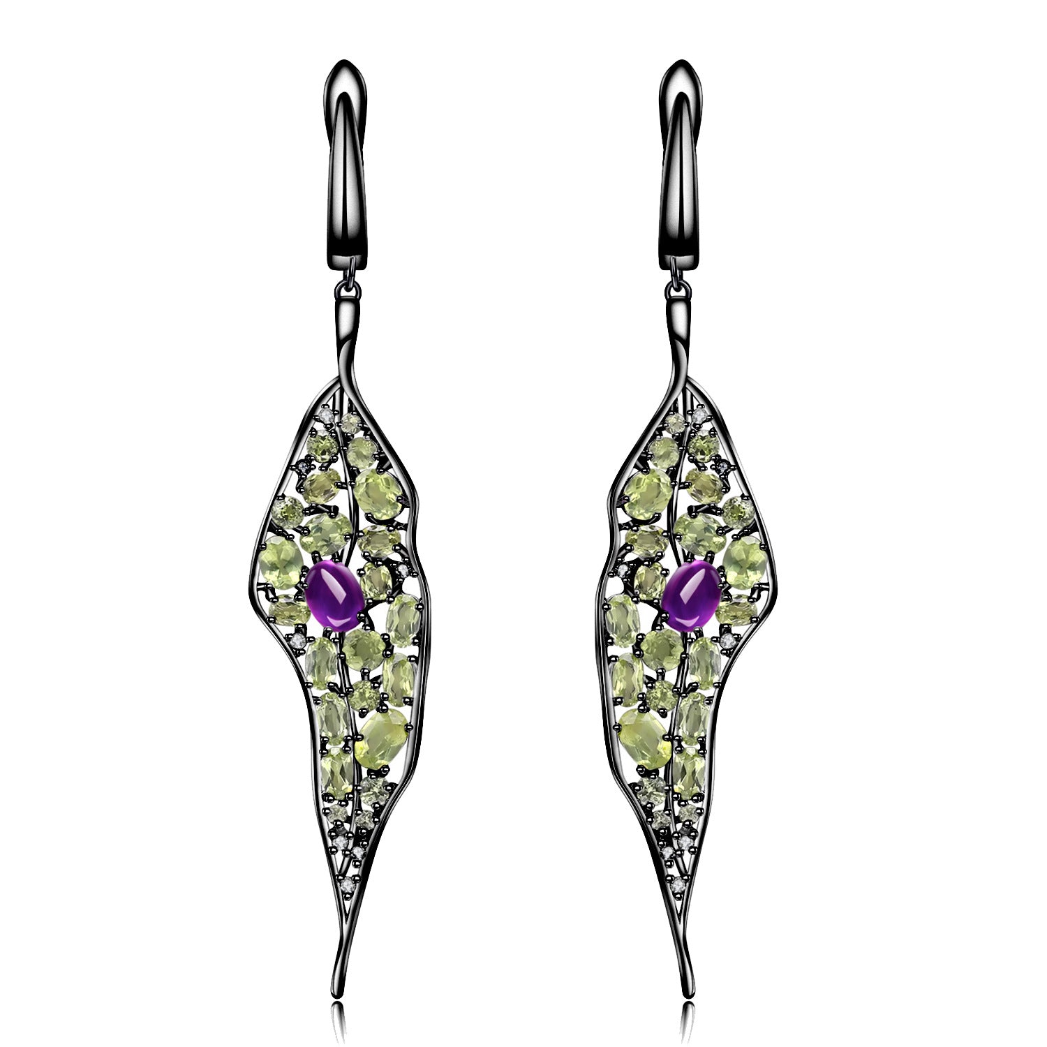 Premium Natural Style Inlaid Colourful Gemstone Leaf Shape Silver Drop Earrings for Women