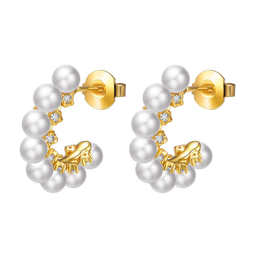 C-shaped Beading Pearl with Zircon Silver Studs Earrings for Women