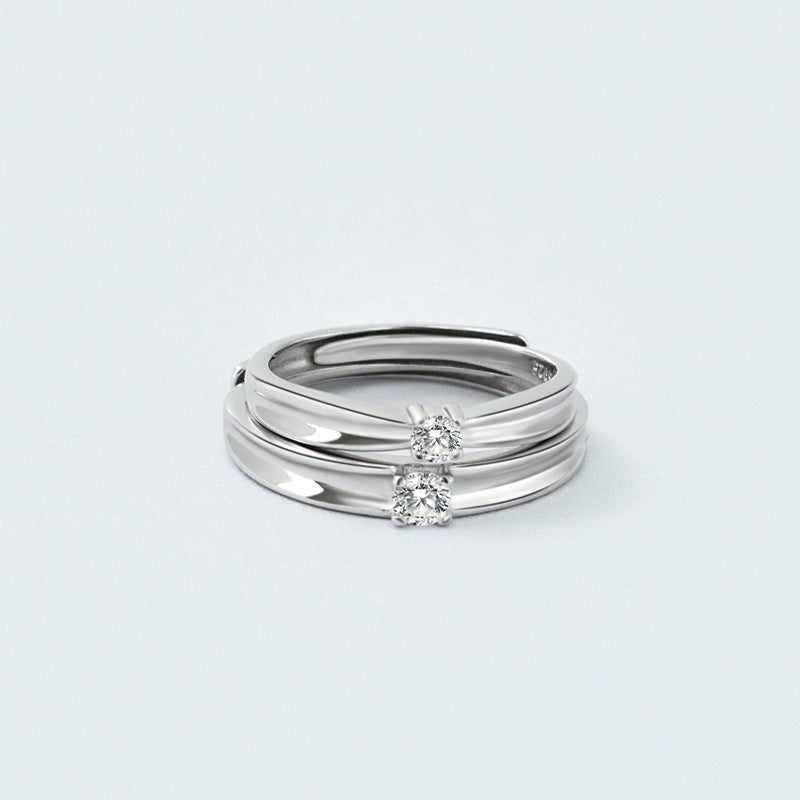 Single Zircon Concave Silver Couple Ring