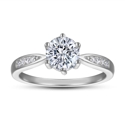 Round Zircon Six Prongs Cathedral Silver Ring