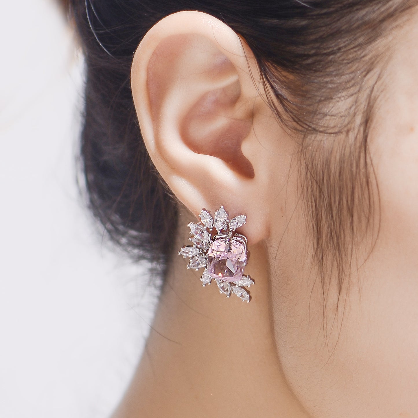 Pink Zircon 9*11mm Rectangle Ice Cut Half Annular Petals Silver Studs Earrings for Women