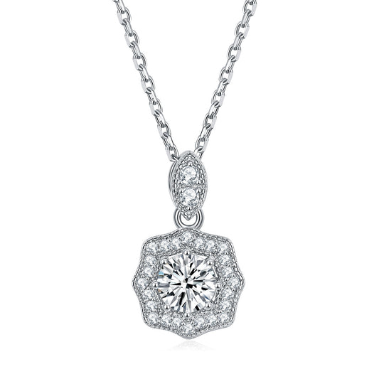 Round Zircon Flower Soleste Halo Pendant Silver Necklace for Women
