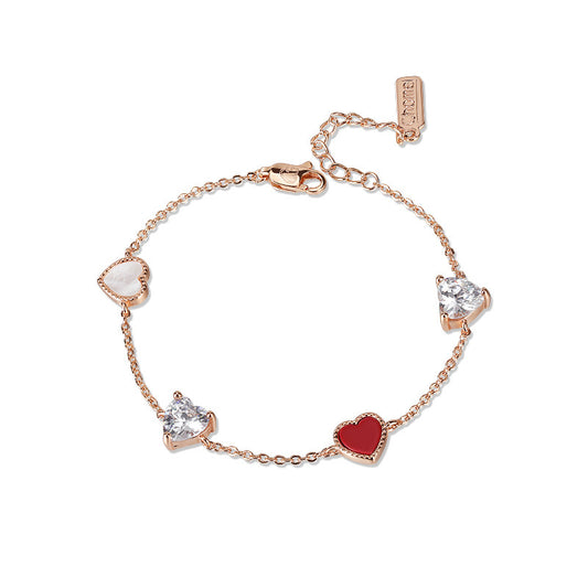 Heart Shape Zircon and Mother of Pearl with Red Love Silver Bracelet for Women
