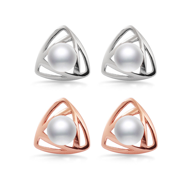 Triangle with Pearl Silver Studs Earrings for Women