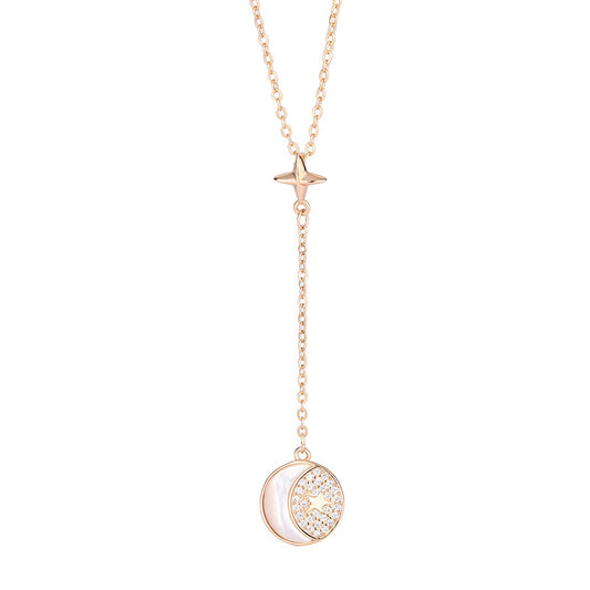 Mother of Pearl Moon Zircon Circle Tassel Silver Necklace for Women