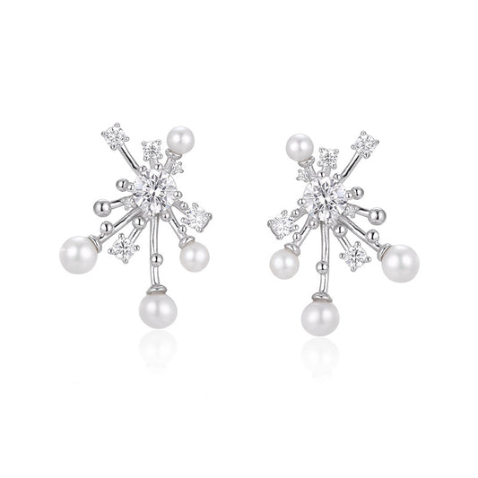 Natural Pearl Fireworks with Zircon Silver Studs Earrings for Women