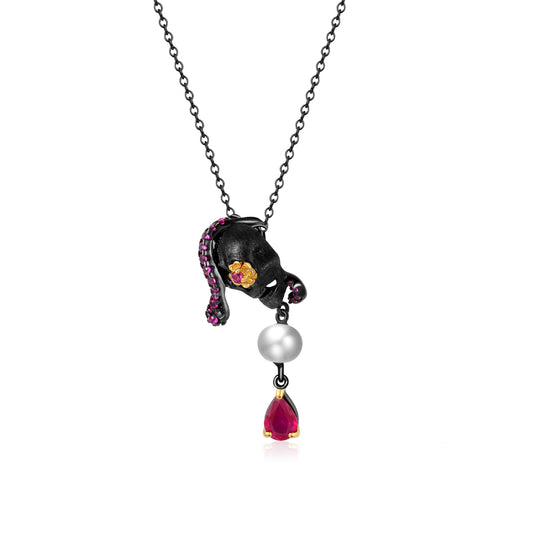 Dark Skull with Pearl and Red Treasure Pendant Silver Necklace for Women
