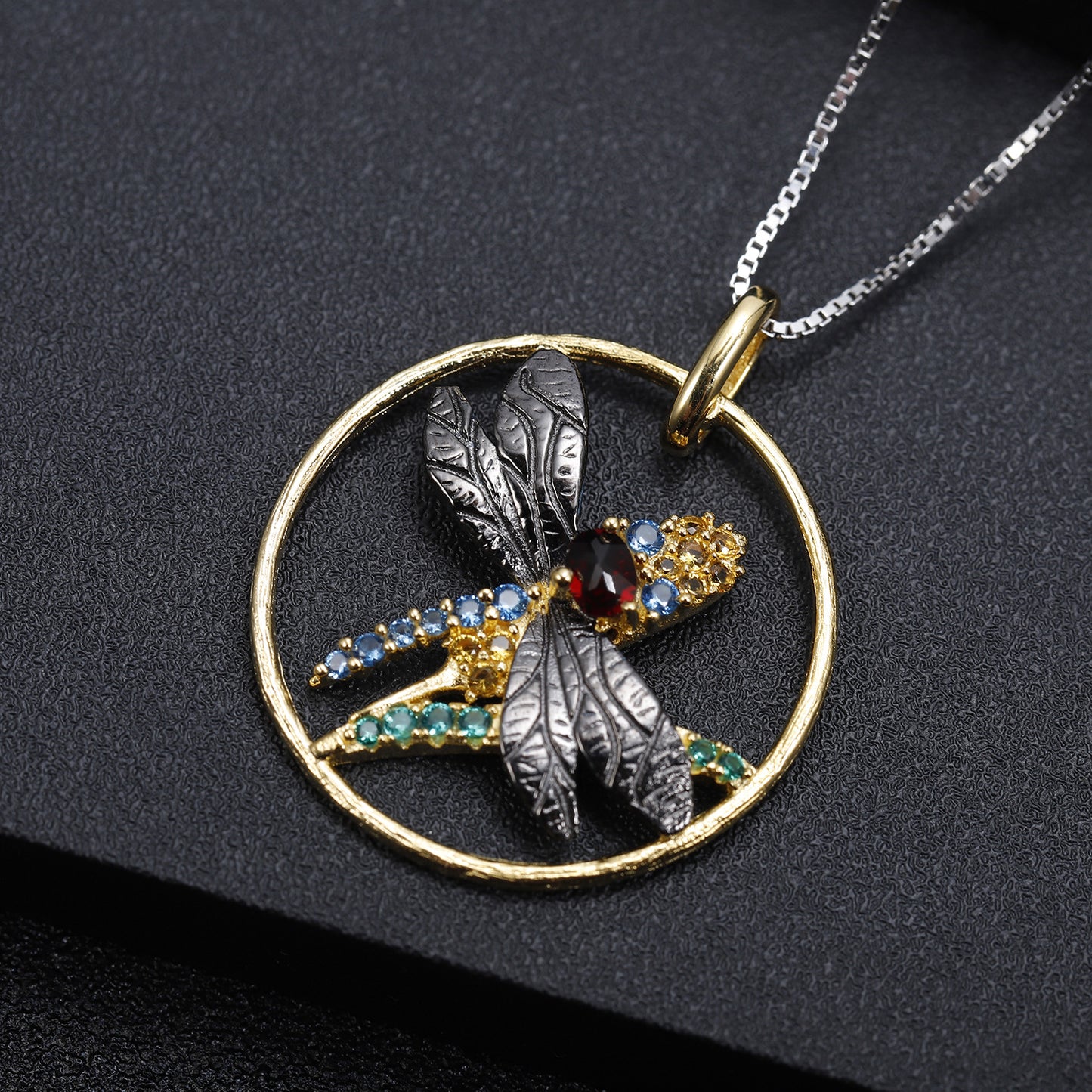 Animal Element Design Inlaid Natural Colourful Gemstone Dragonfly Circle Pendant Silver Necklace for Women