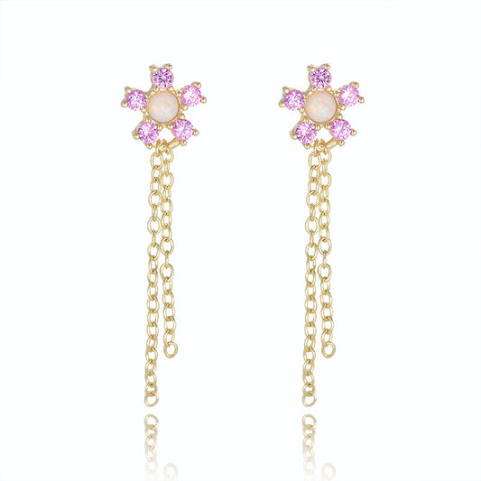 Pink Zircon Flowers Tassel Silver Drop Earrings for Women