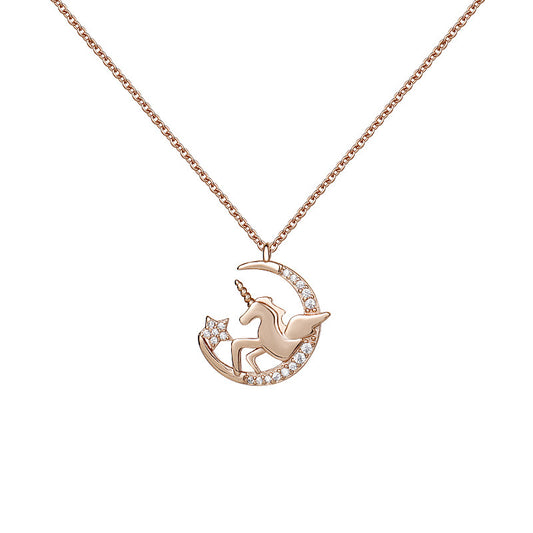 Zircon Crescent Moon Star with Unicorn Pendant Silver Necklace for Women