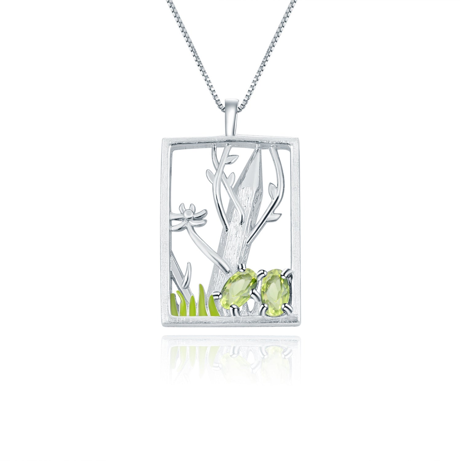 Natural Style Colourful Gemstone Rectangle with Forest  Pendant  Silver  Necklace for Women