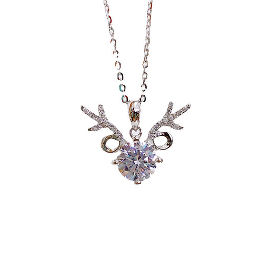 Round Zircon Antler Pendant Silver Necklace for Women