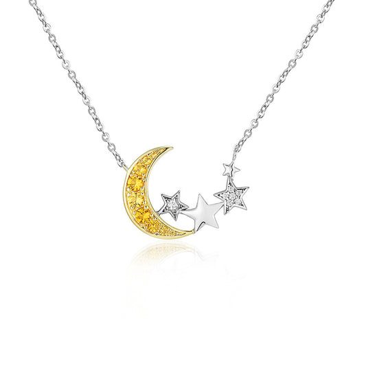 Yellow Zircon Moon with Star Silver Necklace for Women