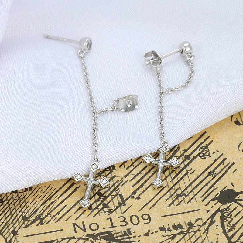 Tassel Cross with Zircon Silver Drop Earrings for Women