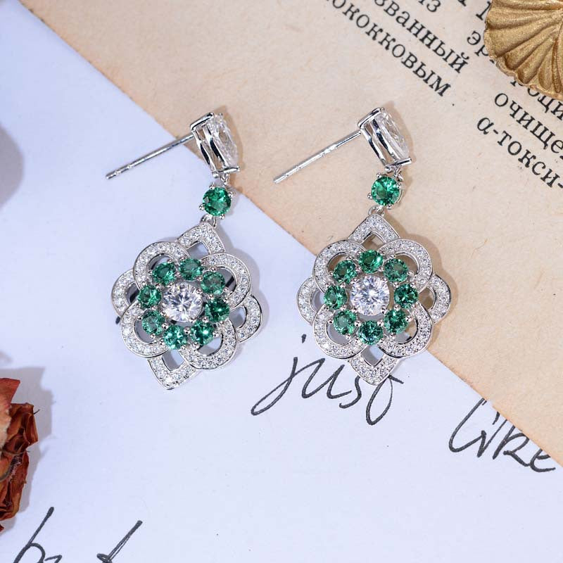 Lab-Created Emerald Flower Silver Drop Earrings for Women