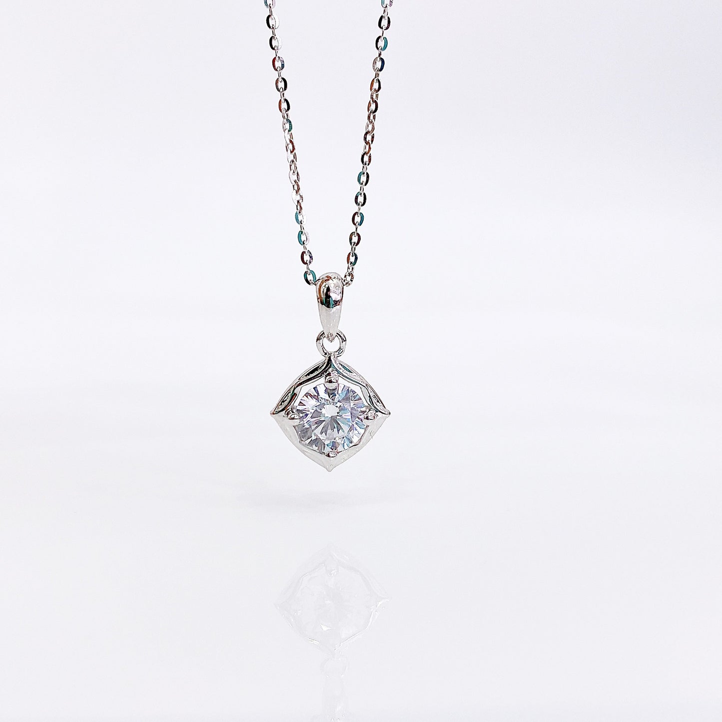 Round Zircon Rhombus Pendant Silver Necklace for Women