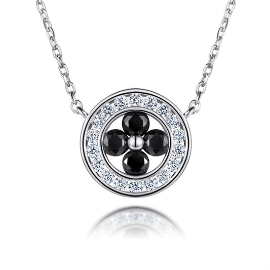 Black Zircon Four-leaf Clover Circle Pendant Silver Necklace for Women