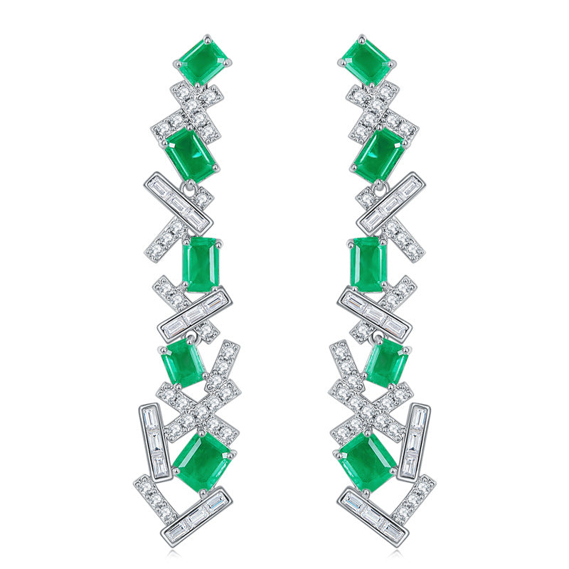 Lab-Created Emerald Irregular Splicing Silver Drop Earrings for Women