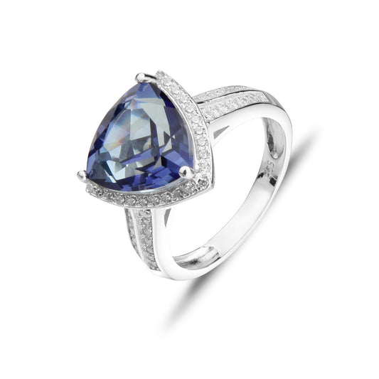 Luxury Blue Crystal 11*11mm Trillion Soleste Halo Silver Ring for Women
