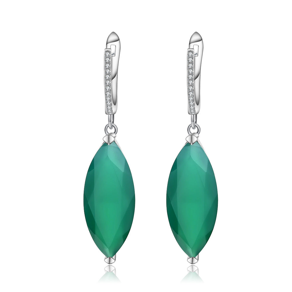 European Vintage Style Inlaid Green Agate Marquise Silver Drop Earrings for Women