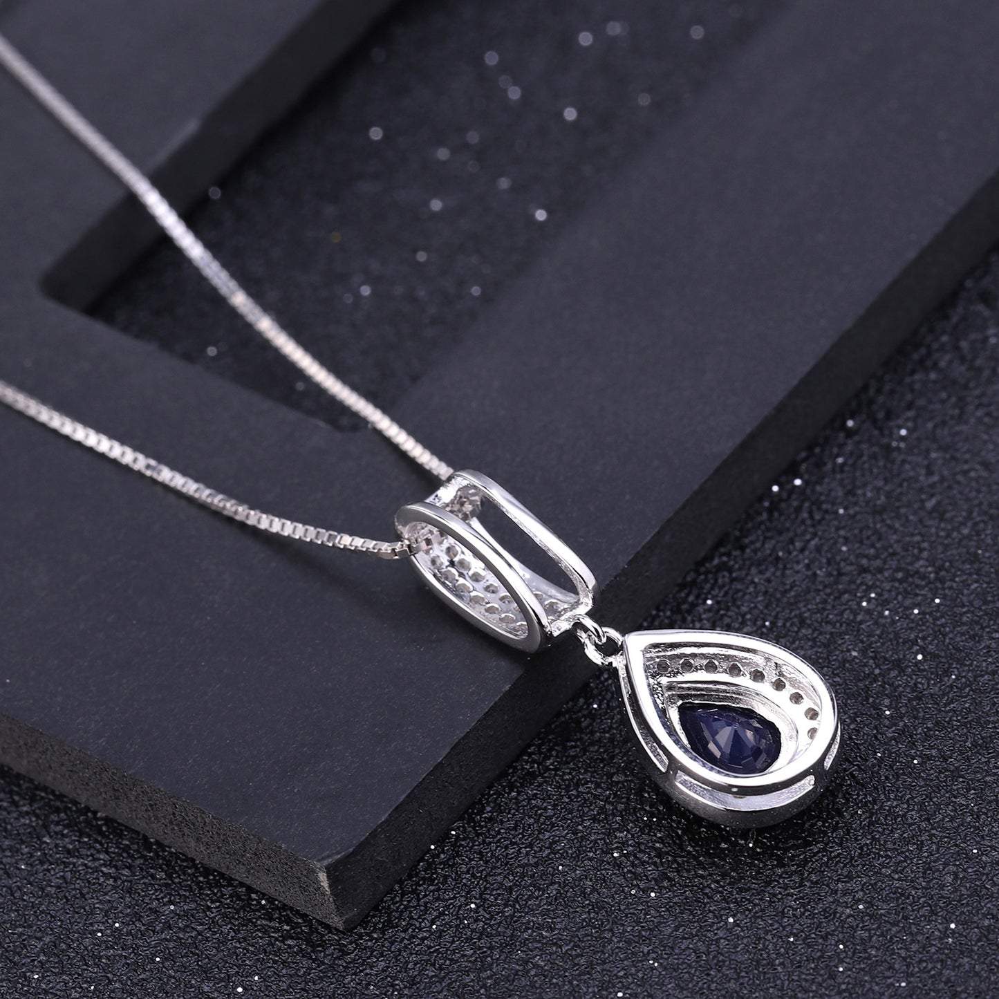 European Fashion Creative Style Inlaid Sapphire Soleste Halo Pear Drop Pendant Sterling Silver Necklace for Women