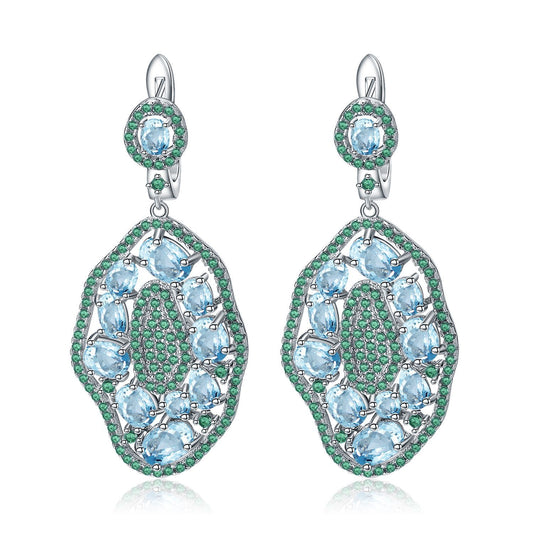 European Luxury Style Inlaid Natural Topaz Irregular Oval Shape Silver Drop Earrings for Women