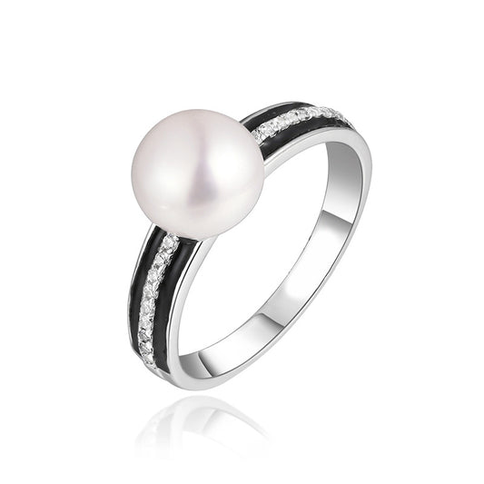 Solitaire 9mm Natural Pearl Black with Zircon Silver Ring for Women