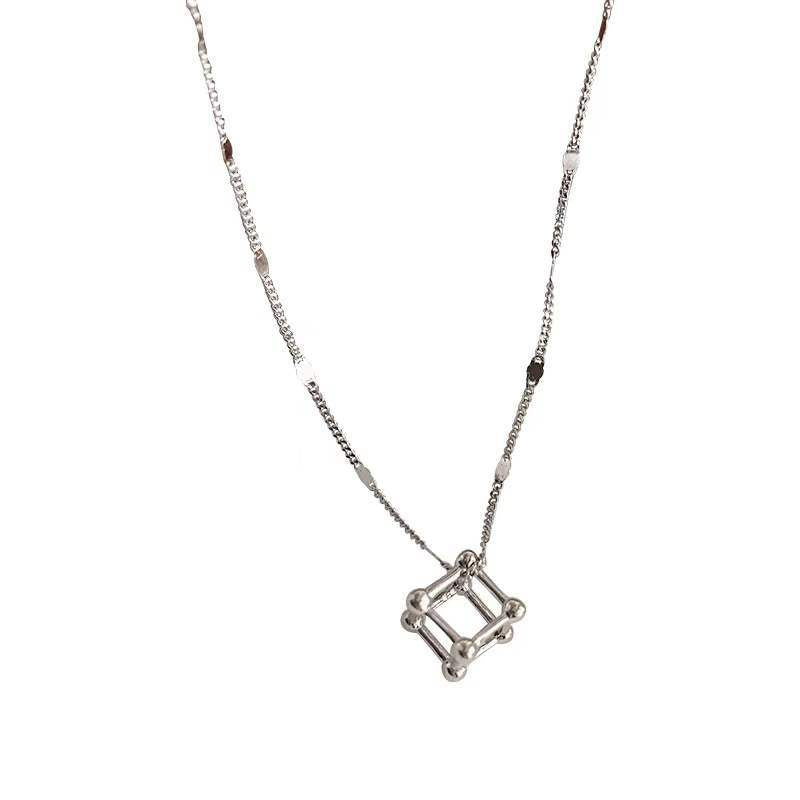 Geometric Cube Pendant Silver Necklace for Women