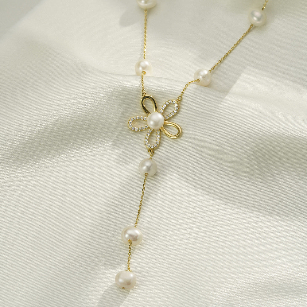 (Two Colours) White Zircon Flower with Natural Pearl Beading Tassles 925 Silver Necklace for Women