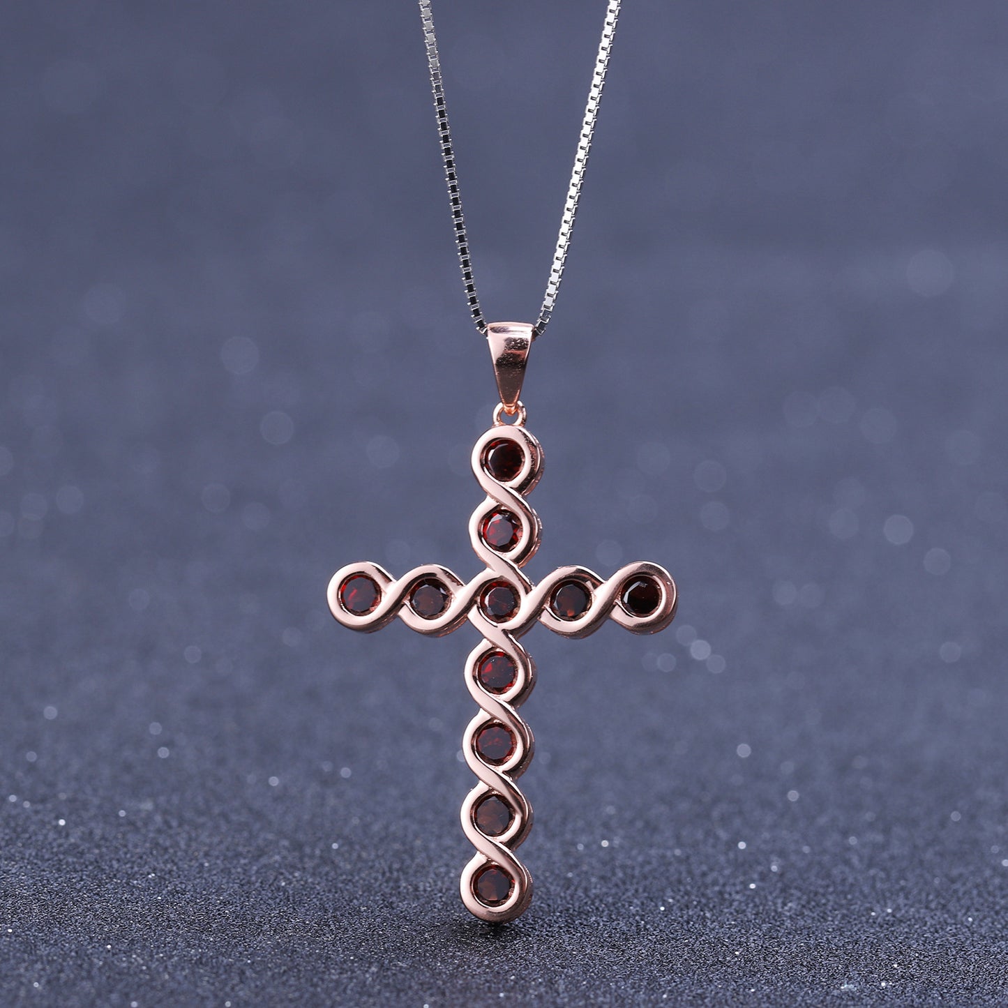 Europen Style Natural Garnet Cross Pendant Plated Rose Gold Silver Necklace for Women