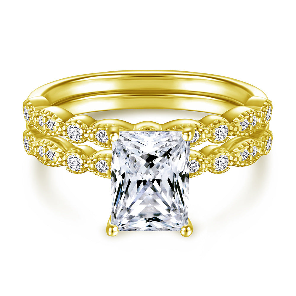 Radiant Cut Zircon with Beading Silver Ring Set