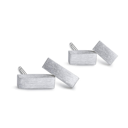 Brushed Cuboid Silver Stud Earrings for Women