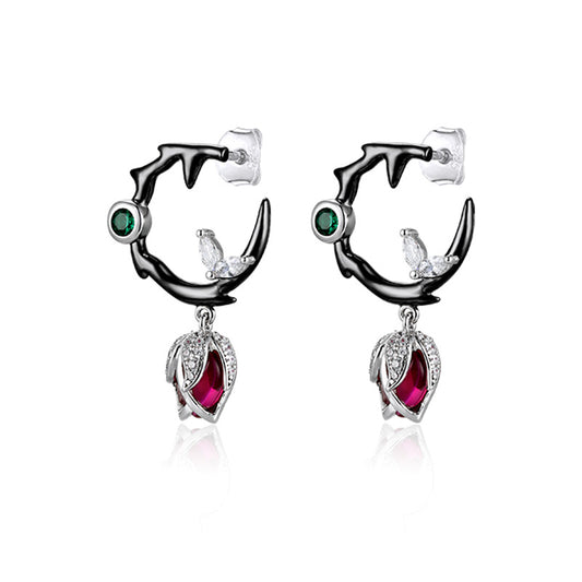 Thorn Rose Red Corundum with Zircon Silver Drop Earrings for Women