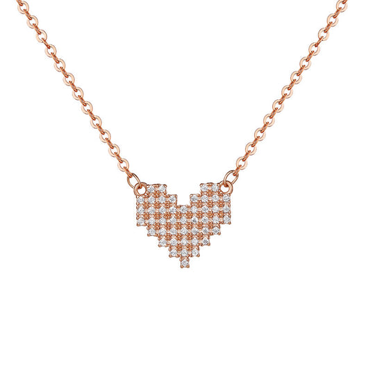 Full Zircon Mosaic Heart Pendant Silver Necklace for Women