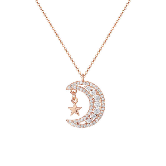 Moon Star with Zircon Pendant Silver Necklace for Women