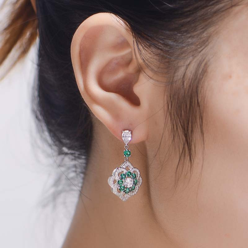 Lab-Created Emerald Flower Silver Drop Earrings for Women