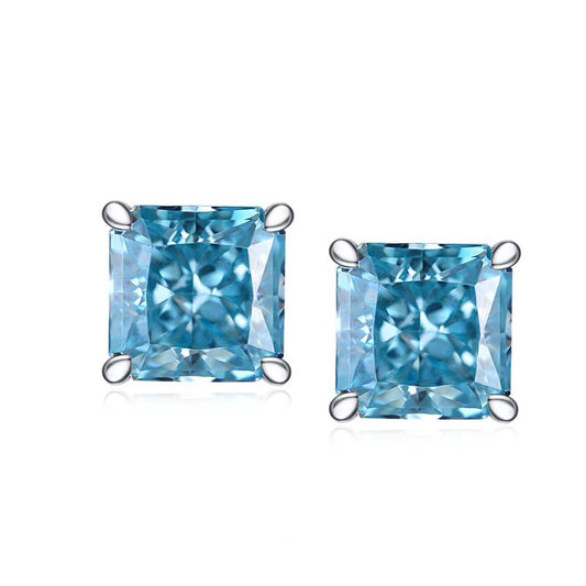 Blue Zircon 7*7mm Cushion Ice Cut Four Prongs Silver Studs Earrings for Women