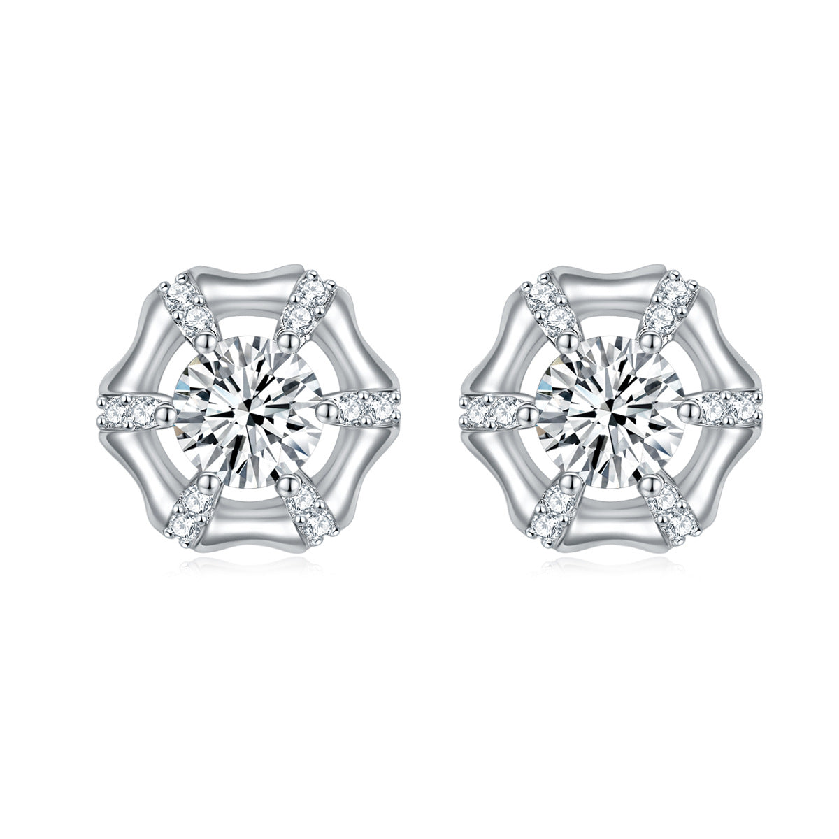 Round Zircon Bamboo Circle Silver Studs Earrings for Women