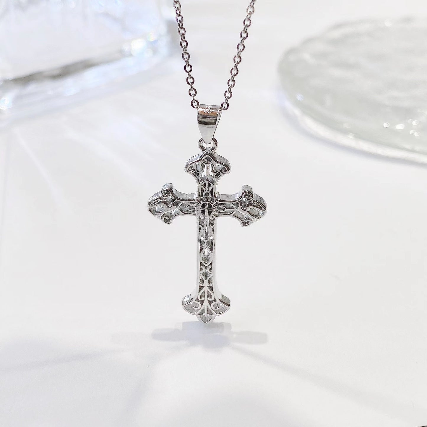 Vintage Cross Pendant Silver Necklace for Women