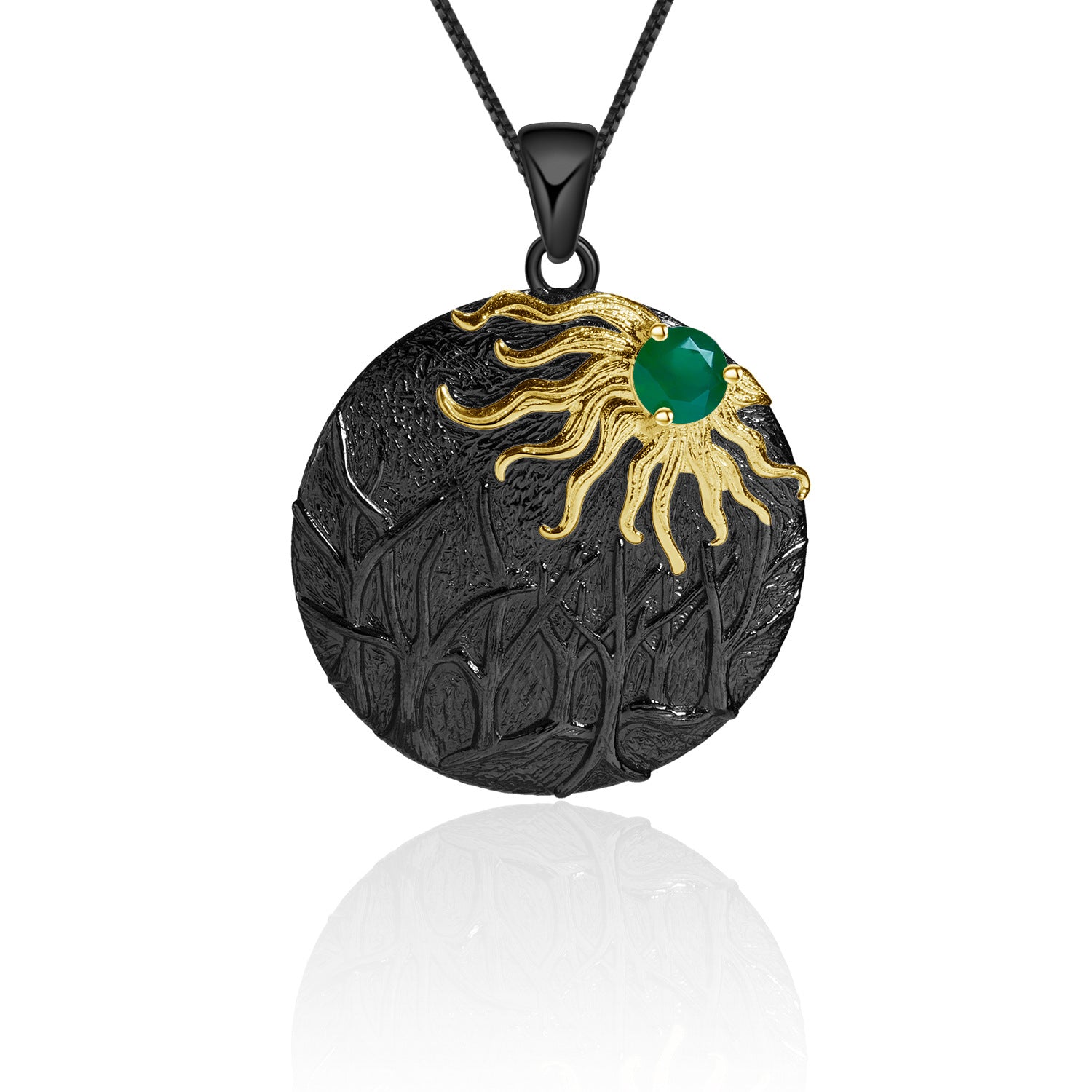 Dark Style Retro Design Natural Green Agate Chasing The Sun Pendant Silver Necklace for Women