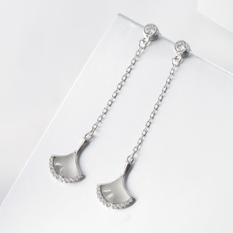 Tassel Opal Stone Ginkgo Leaf Silver Drop Earrings for Women