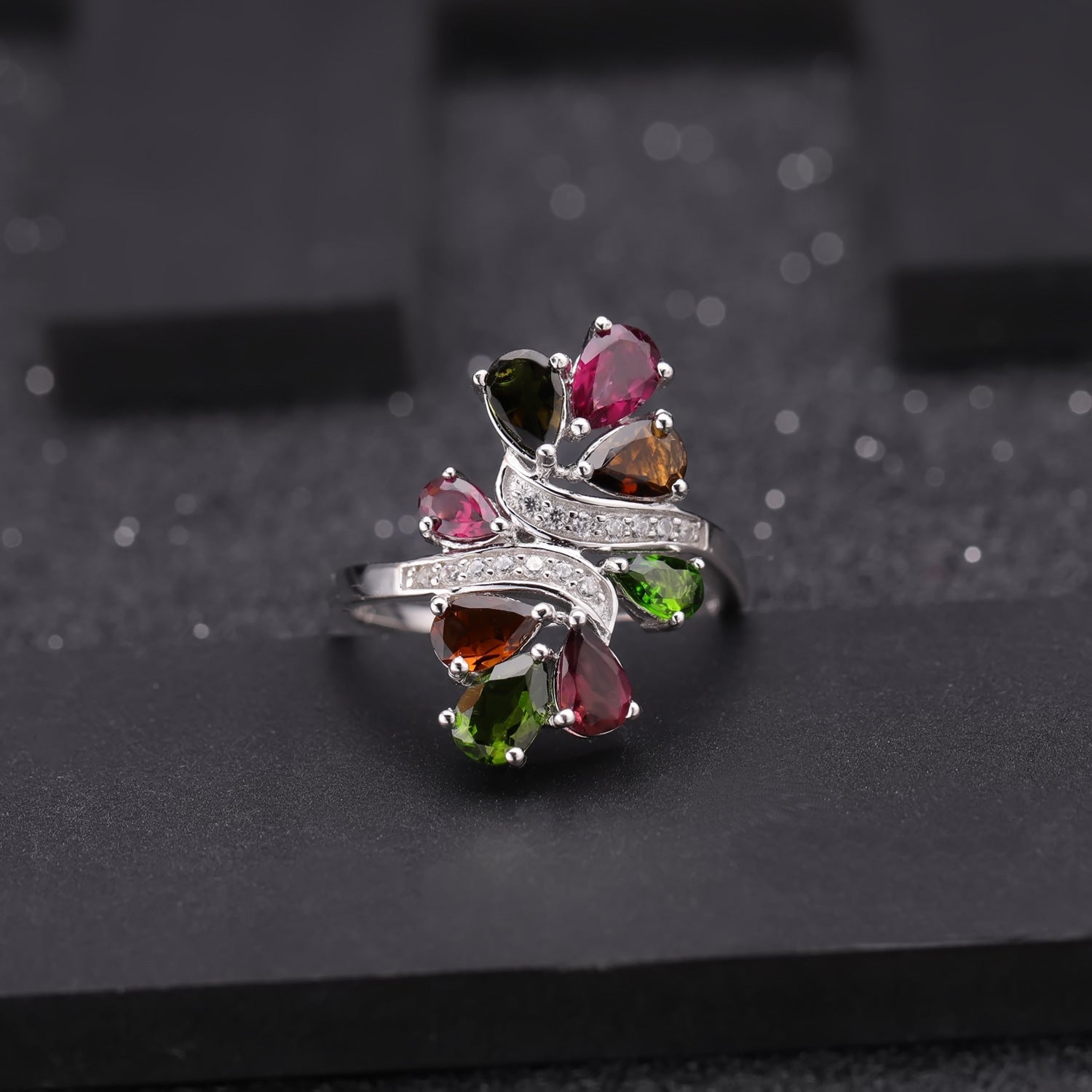 European Retro Design Inlaid Natural Colourful Gemstones Silver Ring for Women