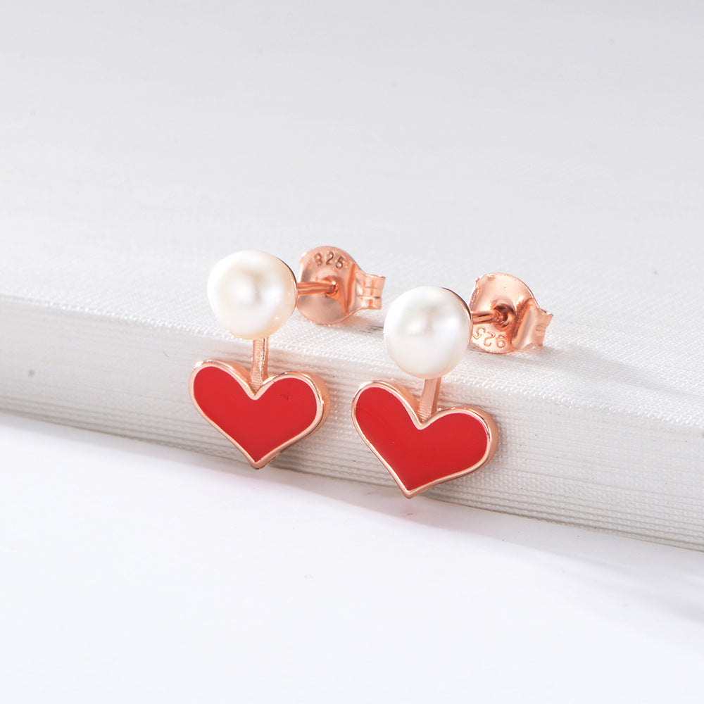 Colourful Heart with Pearl Sterling Silver Studs Earrings for Women