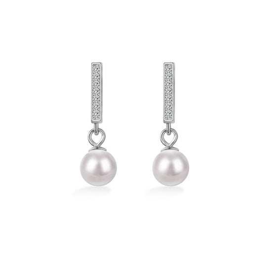 Freshwater Pearl with Zircon Short Strip Silver Drop Earrings for Women