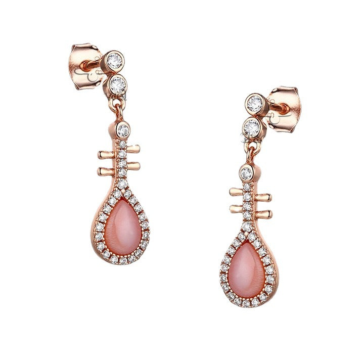 Pink Opal Stone with Zircon Pipa Silver Drop Earrings for Women
